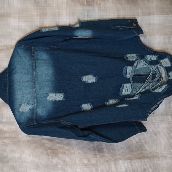 Deconstructed Denim Button Up Long Sleeve Tunic Length Shirt L - Picture 4 of 5